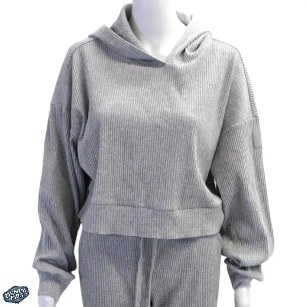 Alo Yoga Muse Hoodie Gray Cropped Ribbed Athleisure Pullover Sweatshirt Gym - Picture 6 of 15